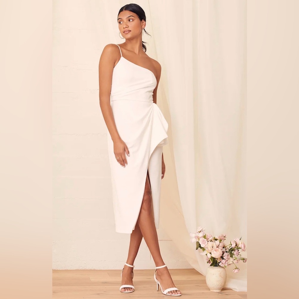 Lulu's One-Shoulder White Midi Dress